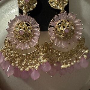 Elegant Gold and Pink Floral Dangle Earrings